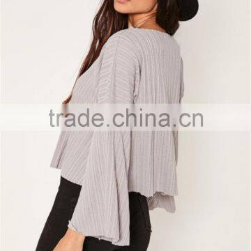 MGOO Custom Made 2017 Fashion Tops Sheer Neck Long Sleeves T-shirt Cotton Spandex Flare Sleeves Manufacturer photo-5
