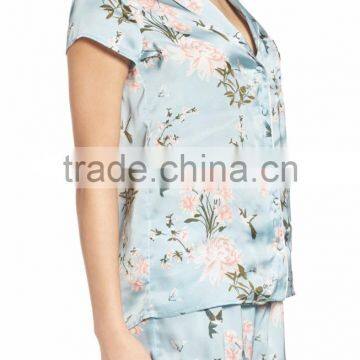 Women Floral Print Pajamas Set Short Sleeve Button Top With Shorts Satin Pattern Pyjama Set photo-4