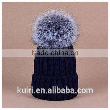 Knitted Hat With Snap Silver Fox Fur Ball on Top photo-5