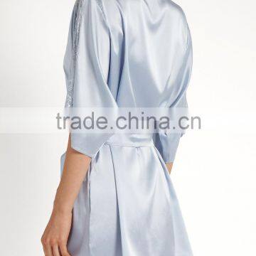 Latest Water Blue Soft Satin Night Robes Womens Half Long Sleeves Wrap Robes photo-4