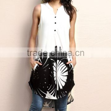 Fashionable Women Outwear With White And Black Floral Sleeveless Button-Front Tunic Women Tops Women Clothes GD90426-20