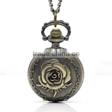 Rose Flower Quartz Pocket Watch Vintage Antique Bronze Necklace Chain