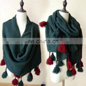 Good quality sell well handmade pure color fur pompom knitted scarf