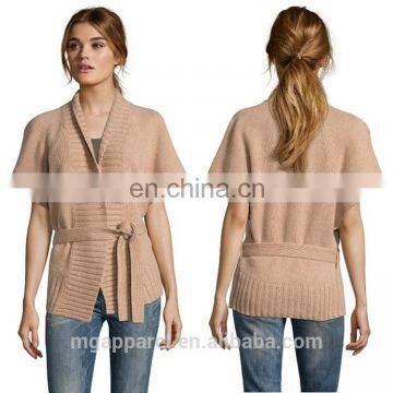 Stylish Open Front Wide Ribbed Knit Trim Short sleeve Cashmere Belted Wrap Cardigan