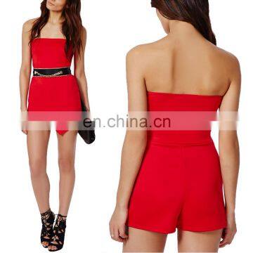 2015 Newest Design High Quality Red Off Shoulder Metal Belt Jumpsuit