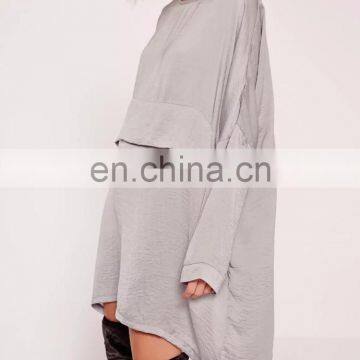 2017 High Quality Grey Long Sleeve Oversized Satin Shirt Dress Designs photo-5