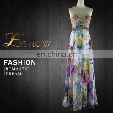 2016 Chaozhou Wholesale Ladies' Graceful Beaded Sweetheart Printed Chiffon Evening Dress