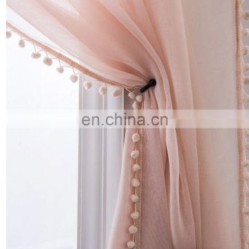 Rod Pocket  Pink Pom Pom Tasseled Sheer Curtains Voile Curtains for Bedroom