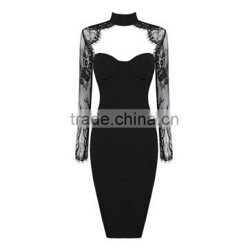 Summer dress 2016 new fashion elegant and sey women black long sleeve high neck lace evening party Dress Bandage Bodycon Women W