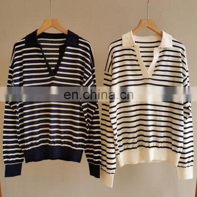 Women Casual Polo Neck Striped Silk Cashmere Sweater Jumper Shirt photo-5