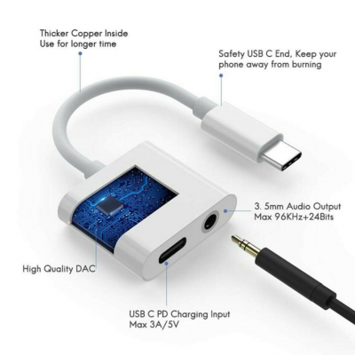 Factory Price 2in1 USB 3.1 Type C To 3.5mm Audio Headphone Jack Aux Adapter Splitter Charging Cable DAC Chip