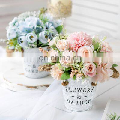 Wedding Decoration Faux Plant 1 Set Flower And Vase Artificial Flowers With Iron Bucket Farmhouse Style Table Accessories