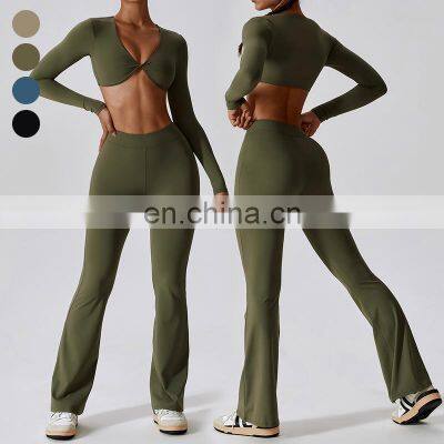 Custom Quick Dry Gym Fitness Sets Sportswear 2 Piece Set Women Sports High Waist Pants Long Sleeve Crop Tops Gym Fitness Sets
