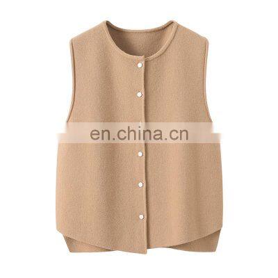 Inner Mongolia Erdos Casual Crew Neck Button Vest for Women Knitted Woolen Cashmere Tops with Embroidered Logo Outer Wear