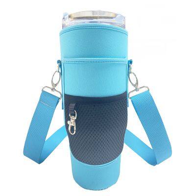 Custom Tumbler Pouch Reusable Insulated Neoprene 40oz Tumbler Sleeve Water Bottle Carrier with Pocket and Shoulder Strap
