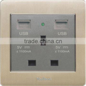 10A british socket with 2 USB charger, USB electrical switch socket, Aluminum Alloy panel