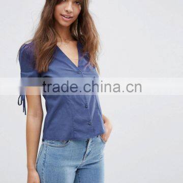 2016 Summer V Neck Ladies Blouse With Tie Sleeve