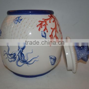 Marine series of embossed 3D decal and hand-painted porcelain cookie jar