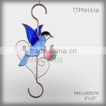 MX100079 decorative metal hanging hook with stained glass blue jay bird craft decoration