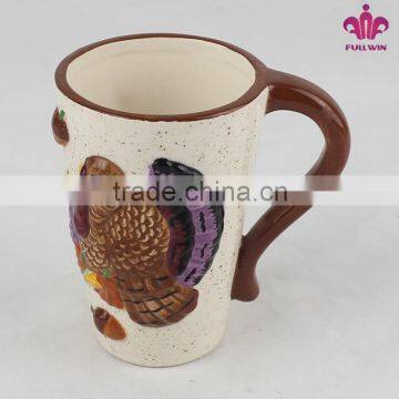 harvest festival turkey pattern embossed custom ceramic mug,promotional ceramic mugs