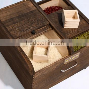 kitchen unfinished solid wood food storage box ,rice bin with pulley