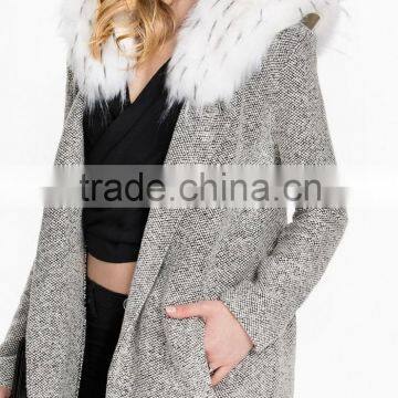 women's fashion open style spring coat witih removable faux fur collar