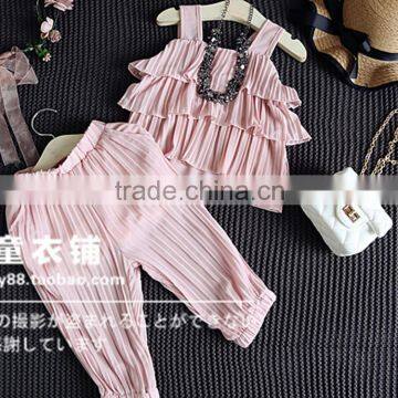Lovely Pure Color 2-7 Years Girls Breathable Pleated Children Short Pants Suit With Vest photo-2