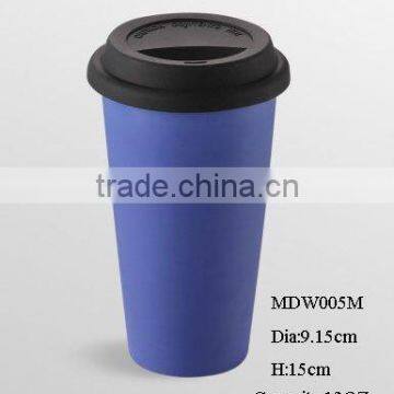 12oz eco-friendly reusable double wall porcelain coffee mug w/ silicone lid matte finish