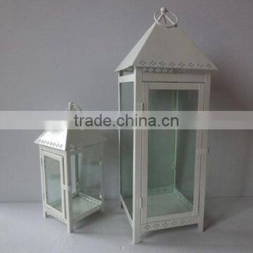 white lantern, powder painted metal iron candle lantern with clear glass