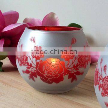 Glass candle cup with red flower decal printing