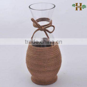 hand blown clear glass vase,Natural hemp rope decoration Glass Vase