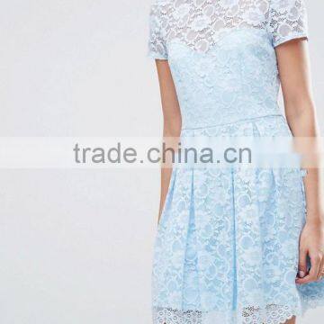 Guangzhou Clothing OEM Blue Pleated Skirt Lace Mini T-Shirt Dress photo-3
