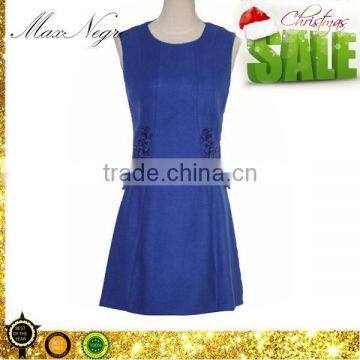 Yellow and blue color wool fabric short party dresses for ladies on sale