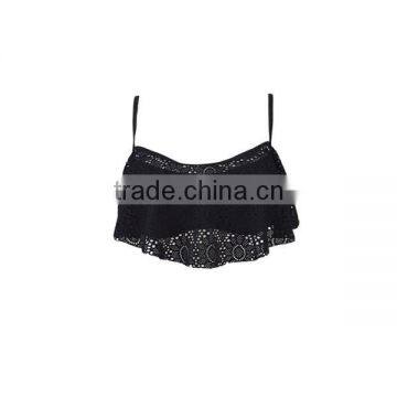 Black Bikini Set With Flouncy Ruffle and Floral Cutouts at Top and Scrunch Bottom photo-2