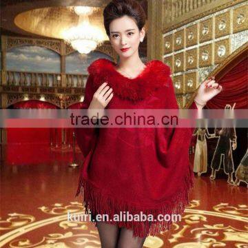 Elegant Knit Lady Shawl Winter Plus Size Thick Cape With Imtation Fox Fur Collar Trim Knit Batwing Autumn Top Quality Pashmina