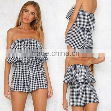 2017 Off Shoulder Ruffles Jumpsuit Romper Summer Beach Plaid Check Playsuit APPAREL