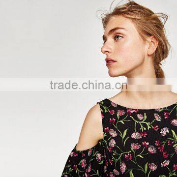 Black Short Sleeve Floral Print Dress, Women Cold Shoulder Summer Dress photo-6