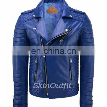 NEW MEN'S GENUINE LAMBSKIN STYLISH MOTORCYCLE BIKER LEATHER JACKET ROYAL BLUE