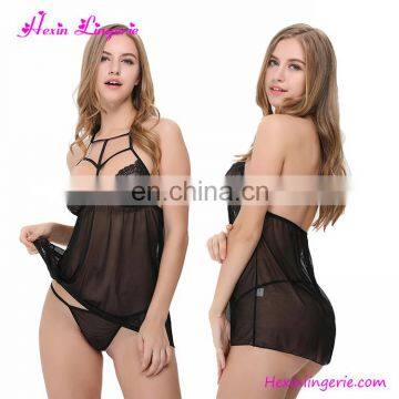 Hot Sale girls See Through Black Lace Straps Sexy Babydoll Nightwear