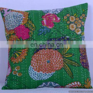 New Indian Green Floral Kantha Cushion Cover Kantha Throw Pillow Cover Hand Stitched Kantha Cushion Cover Cotton Handmade