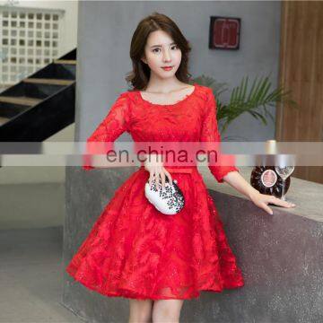 Charming Scoop Red 1/2 Sleeve Lace-up A Line Mini Bow Lace Hollow Evening Dress