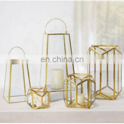 Copper Trapezoid Portable Greenhouse Lantern Glass Candle Holder Lantern Soldering Lantern