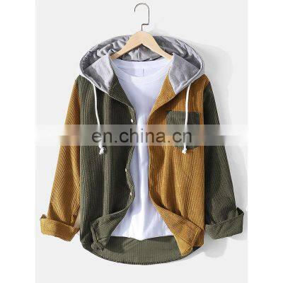 Wholesale custom LOGO Amazon spring and autumn 100% cotton corduroy multi-pocket hooded men's long-sleeved shirt men's plus size