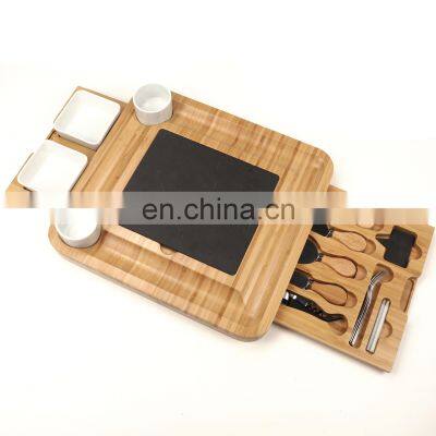 Organic Charcuterie Platter Cutlery Natural Bamboo Cutting Cheese Board With 2 Drawers & Knife Gift Set Serving Tray