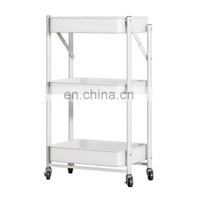 Space saver 3 tier foldable storage shelf utility hotel office organizer rack kitchen trolley cart with lockable wheels