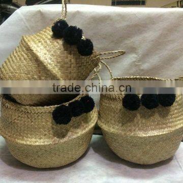 High quality best selling eco-friendly Natural seagrass baskets with black pompoms from Vietnam