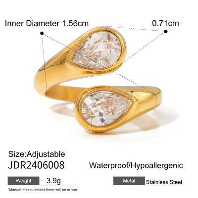 Stainless Steel Gold Plated Adjustable Zircon Open Ring Geometric Statement Ring for Women Jewelry