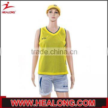 yellow contrast blue mesh fabric digital printing sleeveless basketball uniforms yellow