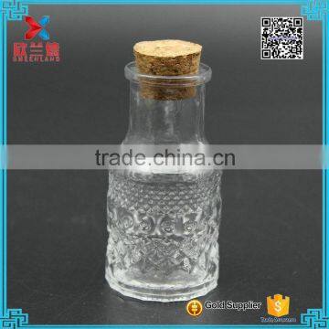 2016 new design fancy embossed glass wishing bottle with wooden cork 50ml