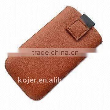 Mobile Phone Pouch for Apple's iPhone 4, Made of PU Leather, With Retractable Pull-tab Closure